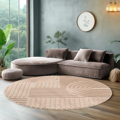Abbildung von Hochflor Rund Teppich Wohnzimmer Küchenteppich Schlafzimmer Läufer Flur Skandi Boho 3D Design Flauschig Weich, Größe: 120 x cm Farbe: Rosa