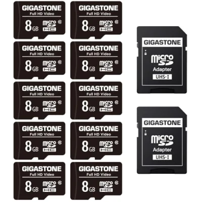 Abbildung von Gigastone 8GB MicroSDHC Speicherkarte 10er Pack + SD Adapter, für Action Kamera, GoPro, Drohne und Tablet, Lesegeschwindigkeit bis zu 80MB/s, Full HD Videoaufnahme, Micro Karte UHS I Klasse 10 U1