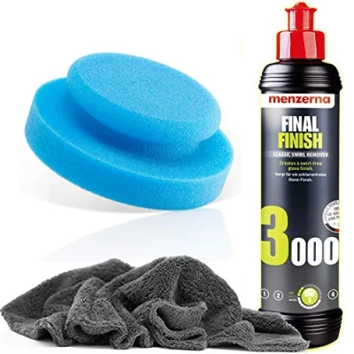 Abbildung von detailmate manuelles Finish Auto Set Menzerna Final Finish, 250ml + Made in Germany Polierschwamm Ø130mm ultraflausch Mikrofaser Poliertuch 550GSM 1 Schutzhandschuh