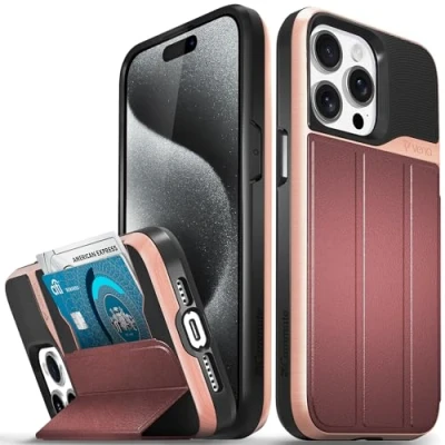 Abbildung von VENA vCommute Brieftaschen Schutzhülle, kompatibel mit Apple iPhone 15 Pro Max (6,7 Zoll), Fallschutz in Militärqualität, Klappetui, Kartenschlitz, Halter Ständer, Roségold/Rot