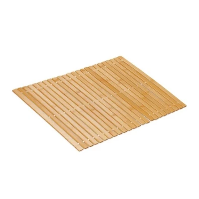 Abbildung von Relaxdays Badvorleger aus Bambus, 60x40 cm, Rutschfester Duschvorleger, zusammenrollbare Badezimmermatte, Natur/weiß