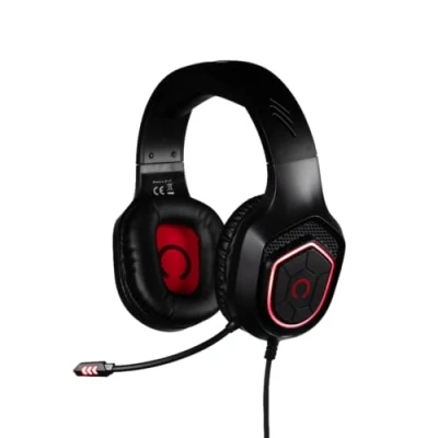 Abbildung von Konix Oberon kabelgebundenes Gaming Headset für PC, PS4, PS5, Switch und Xbox 50 mm Lautsprecher Hochsensibles Mikrofon Rote LED Beleuchtung Schwar