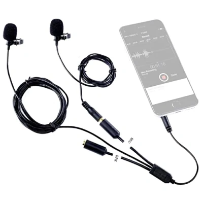 Abbildung von Movo Executive Lavalier Clip on Interview Mikrofon mit Sekundärmikrofon &amp; Kopfhörer Monitoring Input für Apple iPhone, iPad, Samsung, Android Smartphones/Tablets