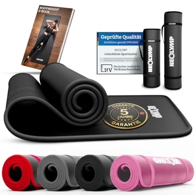 Abbildung von NEOLYMP extra dicke und rutschfeste Fitnessmatte mit Fitness E Book Tragegurt Pilatesmatte, Yoga Matte, Sportmatte, Gymnastikmatte, Trainingsmatte (Anthrazit 61 cm)