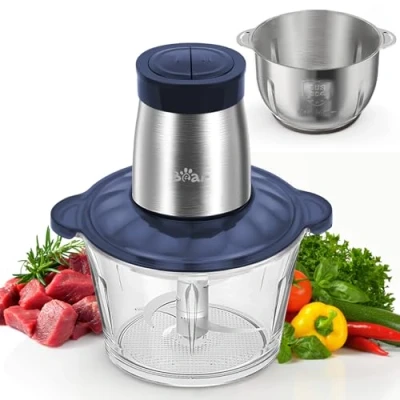 Abbildung von Bear 2L+1.8LFleischwölfe Zerkleinerer Elektrisch, Glas+Edelstahl，600W 2 Geschwindigkeit, Häcksler mit 4 Edelstahlklingen und Fleischwolf, Chopper für Fleisch,Babynahrung,Obst,Gemüse
