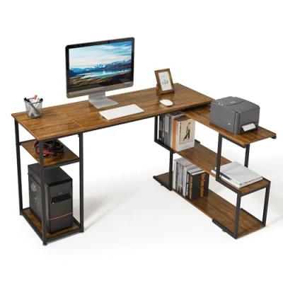 Abbildung von Mondeer Computertisch L Förmig, Eckschreibtisch mit 360 Grad Drehbarem Bücherregal und 2 Ablagen, Platzsparender für Arbeitszimmer Wohnzimmer Büro, 135.5 x 110 75.5 cm, Vintage Braun