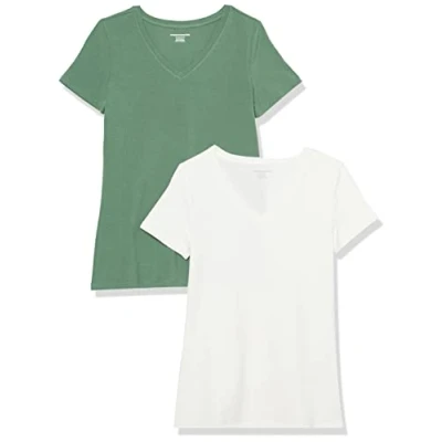 Abbildung von Amazon Essentials Damen Kurzärmeliges T Shirt mit V Ausschnitt, Klassischer Schnitt, 2er Pack, Salbeigrün/Weiß, S