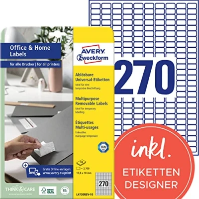 Abbildung von AVERY Zweckform L4730REV 10 Universal Etiketten (2.700 Klebeetiketten, 17,8x10mm auf A4, wieder rückstandsfrei ablösbar/abziehbar, individuell bedruckbare, selbstklebende Aufkleber) Blatt, weiß