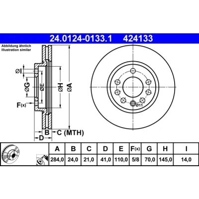 Abbildung von ATE 24.0124 0133.1 Bremsscheibe 284,0 24,0 5 110,0 Belüftet beschichtet legiert/hochgekohlt OPEL: Calibra A, Vectra A Limousine, CC