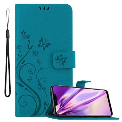 Abbildung von Cadorabo Hülle kompatibel mit Huawei Mate 20 LITE Blumen Design aus Kunst Leder Flip Klappbare Stoßfeste Magnetische [Standfunktion] [Kartenfächern] Cover für Tasche in Blau