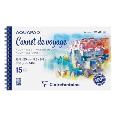 Abbildung von Clairefontaine 975957C Skizzenbuch Aquapad 13,5x25cm, spiralgebunden mit 15 Bogen 300g, ideal für unterwegs, 1 Stück
