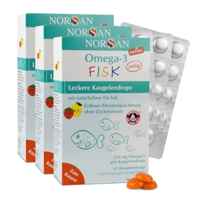 Abbildung von NORSAN Omega 3 FISK Jelly 45 hochdosiert 3er Pack (3x Jellys) / für Kinder (250 mg pro Kaugeleedrops) Öl mit EPA &amp; DHA/Tagesdosis Zitrone Erdbeer Geschmack 4 Kapseln