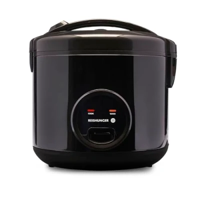 Abbildung von REISHUNGER Reiskocher &amp; Dampfgarer Mit Keramikbeschichtung, Schwarz, 1,8L bis zu 10 Portionen Schnelle Zubereitung ohne Anbrennen Warmhaltefunktion inkl. Dämpfeinsatz, Löffel Messbecher