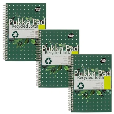 Abbildung von Pukka Pad, Recycling A5 Schreibblock 3er Pack für zu Hause, Schule und Büro 15 x 21cm Spiralbindung Notizbuch mit 8mm Liniert 80GSM Papier perforierten Rändern 110 Seiten, Grün