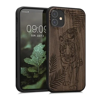 Abbildung von kwmobile Hülle kompatibel mit Apple iPhone 11 Holz Case Handy Cover TPU Handyhülle in Dunkelbraun Tiger Palmen