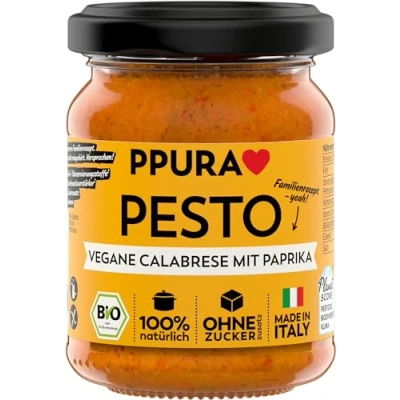 Abbildung von PPURA Bio Pesto Vegane Calabrese Pasta Sauce mit Paprika, Tomaten &amp; Nat. Olivenöl Extra 100% Natürlich Ohne Zuatzstoffe Authentisch Sonnenblumenöl Nudel Soße Vegan Glutenfrei 120g Glas