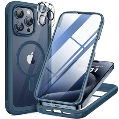 Abbildung von Miracase 360 Grad für iPhone 15 Pro Hülle Magnetisch mit Eingebaut Glas Schutzfolie und Kameraschutz, Komplettschutz Handyhülle Schutzhüllen 6,1 Zoll, Blau