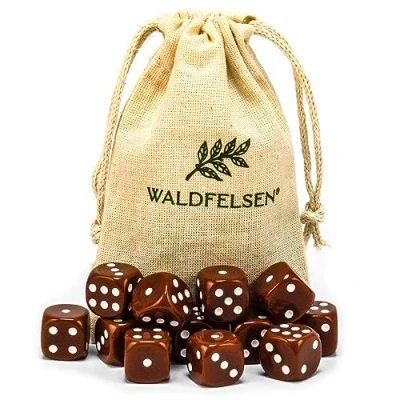 Abbildung von Waldfelsen 6, 12, 20, 30 oder 50 hochqualitative Würfel Standardgröße 16 mm Acrylwürfel Knobel Spielwürfel Dice 6 seitig sechsseitig Spielzubehör Set mit Stoffbeutel (Braun, 12 Stück)