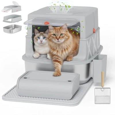 Abbildung von Geschlossenes Edelstahl Katzenklo mit Deckel, Geruchsfreie Katzentoilette Metall für Große Katzen, Leicht zu Reinigen Abnehmbares Katzen Klo Schaufel, Sieb Trittbrett und Katzenmatte