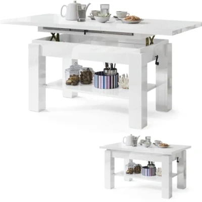 Abbildung von All4All Couchtisch Astra Kaffeetisch Wohnzimmertisch Sofatisch mit Ablage höhenverstellbar kompakte Größe 110x68cm 05 WEIß Hochglanz