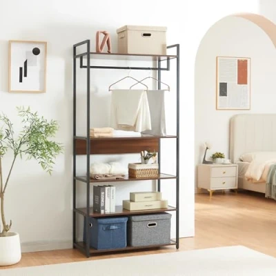 Abbildung von [en.casa] Garderobenständer Larem Kleiderständer mit Metallgestell 180 x 84 40 cm offener Kleiderschrank Kleiderstange Standgarderobe Flurgarderobe 5 Ablagen Walnussoptik