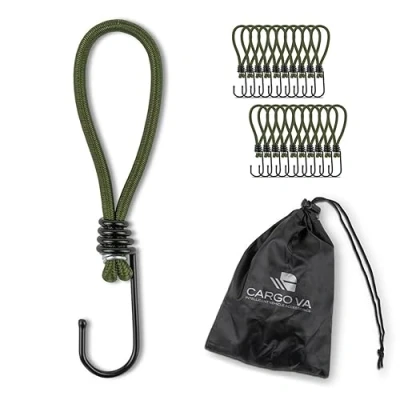 Abbildung von CargoVA® 20 Spanngummis mit Haken und praktischer Tasche Expanderhaken für Planen Netze Olivgrün 20cm [20 Stück]