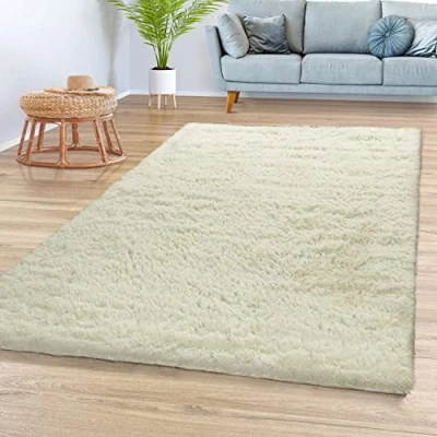 Abbildung von TT Home Teppich Wohnzimmer Hochflor Langflor Weich Soft Modernes Einfarbiges Design, Farbe:Weiß, Größe:160x220 cm