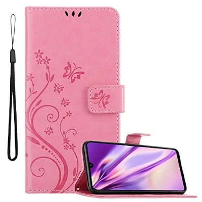 Abbildung von Cadorabo Hülle kompatibel mit Huawei P30 LITE Blumen Design aus Premium Kunst Leder Flip Klappbare Stoßfeste Magnetische [Standfunktion] [Kartenfächern] Cover für Tasche in Rosa