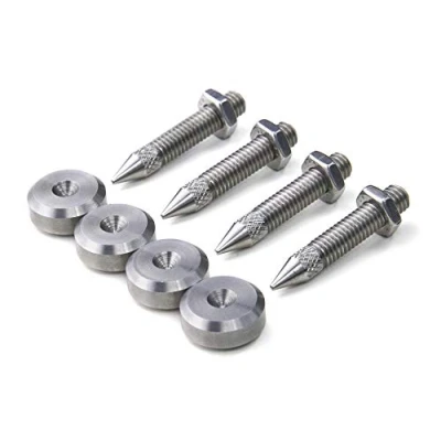 Abbildung von PrecisionGeek Edelstahl Lautsprecherspikes M6, 35 mm lang, gerändeltes Finish und Pads mit 16 Durchmesser, Bodenschutz für Lautsprecher, HiFi Ständer, Soundbars Set 4 Spikes,