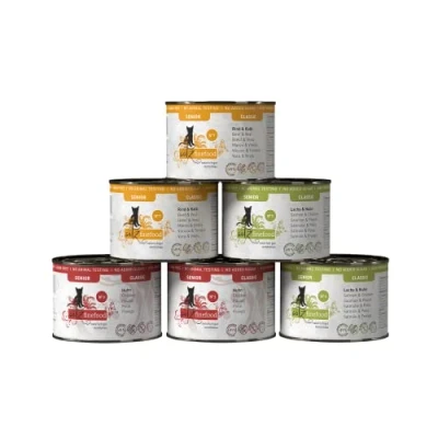 Abbildung von catz finefood Senior Collection Katzenfutter nass Premium Nassfutter für Ihre Katze getreidefrei, ohne Zucker, hoher Fleischanteil, Vitamine &amp; Mineralien (6 x 200g Dose)
