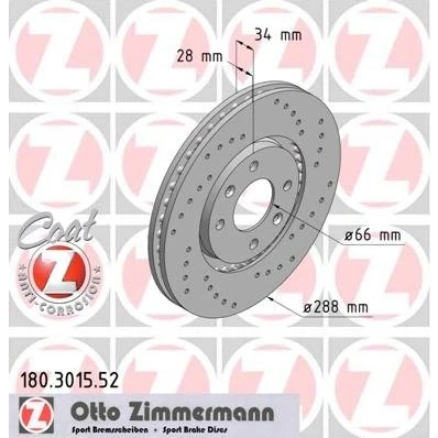 Abbildung von ZIMMERMANN SPORT COAT Z 180.3015.52 Bremsscheibe 288 28 6/4 4 108 außenbelüftet, gelocht beschichtet CITROËN: C5 I Schrägheck, II Kombi, Kombi