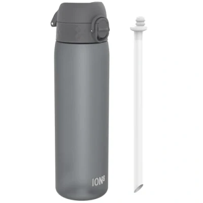 Abbildung von Ion8 Trinkflasche Mit Strohhalm, 500 ml, Auslaufsicher, Einhandöffnung, Sichere Verriegelung, Spülmaschinenfest, BPA frei, Tragegriff, Klappdeckel, Leicht zu Reinigen, Klimaneutral, Grau