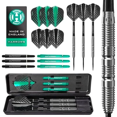 Abbildung von Harrows NX Elite 90% Tungsten Steel Tip Darts Set 21 g bis 26 alle Gewichte verfügbar Riesiges 17 teiliges Bundle mit Supergrip Shafts, Quantum Flights &amp; Reiseetui (23g)