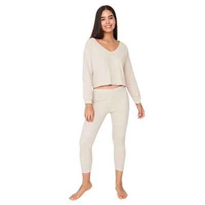 Abbildung von Trendyol Damen Unifarben Mitte Gestrickt T Shirt Hose Pyjama, Nude, S
