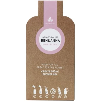 Abbildung von Ben&amp;Anna Duschgel SWEET FLORAL. Zertifizierte Naturkosmetik in der kompostierbaren Papierverpackung. Ohne Plastik. Gewinner: Peta Vegan Award als beste nachhaltige Marke. Made with LOVE the EU.