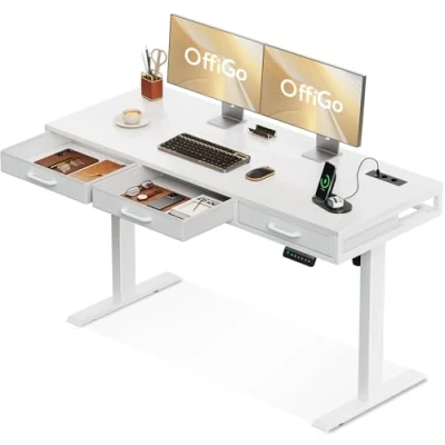 Abbildung von OffiGo höhenverstellbarer Schreibtisch, Schreibtisch höhenverstellbar elektrisch with Drawers, 140 * 54 höhenverstellbar, Tisch für Home Office, Weiß