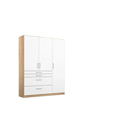 Abbildung von Rauch Möbel Harburg Schrank Kleiderschrank Drehtürenschrank Weiß/Eiche Sonoma 3 türig mit 4 Schubladen inklusive Zubehörpaket Basic Einlegeböden, 1 Kleiderstange BxHxT 136x197x54 cm