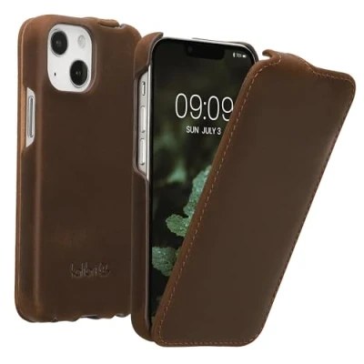 Abbildung von kalibri Flip Hülle Ultra Slim kompatibel mit Apple iPhone 13 Mini Leder Case Schutzhülle Tasche in Braun