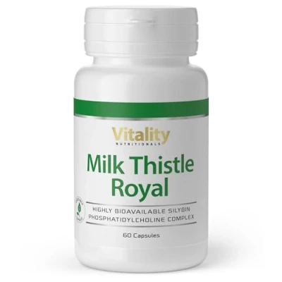 Abbildung von Milk Thistle Royal für eine gesunde Leber und Galle. Hochdosierter, patentierter Mariendistel Spezialextrakt mit 10 mal besserer Bioverfügbarkeit