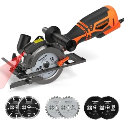 Abbildung von DOVAMAN Mini Handkreissäge, 710W 115mm Handkreissäge w/Laser, 3500RPM, Metall Hilfsgriff, 43mm (90), 29mm (45) Schnitttiefe, 6 Sägeblätter, ideal für Holz, Weichmetall, Kunststoff, FliesenMCS01A