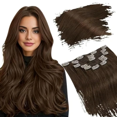 Abbildung von Ugeat Extensions Clip in Schokobraun Remy Echthaar Braun Haarverlängerung Doppelt Tressen Haarextension 7 Stück 120g 50cm