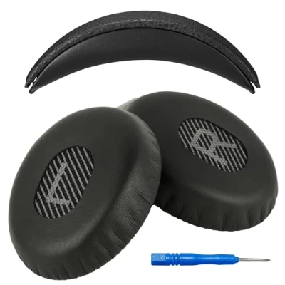 Abbildung von Ersatz Ohrpolster und Kopfbandkissen, kompatibel mit Bose QuietComfort 3 (QC3) Kopfhörern (Nicht Anderen Modellen). Hochwertiges Proteinleder einfache Installation bequem