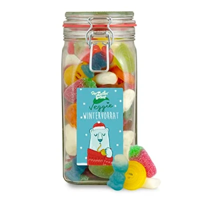 Abbildung von Veggie Wintervorrat vegetarischer Weihnachts Süßigkeiten Mix im nostalgischen Bügel Glas, süße Geschenk Idee für Weihnachten