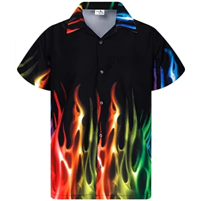 Abbildung von King Kameha Funky Hawaii Hemd, Herren, Kurzarm, Flames, Regenbogen, XS