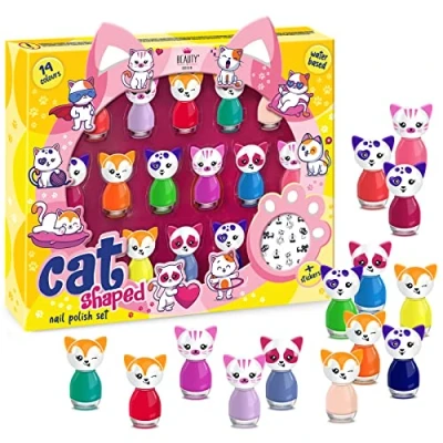 Abbildung von CATshaped Nagellack Set auf Wasserbasis, Beauty4Britain, 14 Farben, schnell trocknend, abziehbar, Katzen Nagelaufkleber enthalten, Geschenkbox