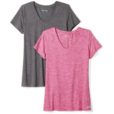 Abbildung von Amazon Essentials Damen Tech Stretch T Shirt mit kurzen Ärmeln und V Ausschnitt (erhältlich in Übergröße), 2er Pack, Dunkelgrau Meliert Space dye/Himbeerrot dye, L