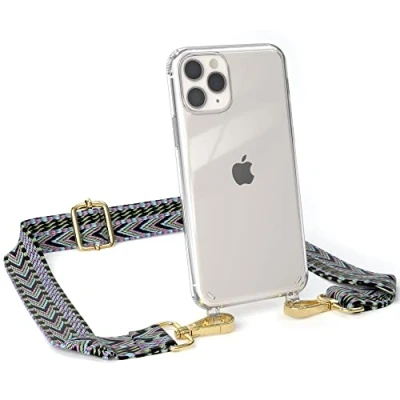 Abbildung von EAZY CASE Handykette Verstellbarer Trageriemen kompatibel mit iPhone 11 Pro, Schulterriemen, dünner Riemen, Handykordel Hülle, Schultertasche, Lila/Grün Clip Gold
