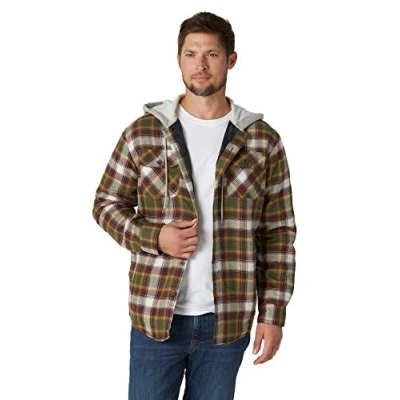 Abbildung von Wrangler Authentics Herren Men&#039;s Long Sleeve Quilted Lined Flannel Jacket With Hood Hemd mit Button Down Kragen, Olive Night, S EU