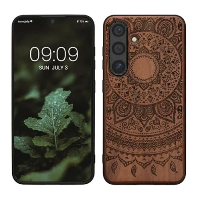 Abbildung von kwmobile Hülle kompatibel mit Samsung Galaxy S24 Holz Case Handy Cover TPU Handyhülle in Dunkelbraun Indische Sonne