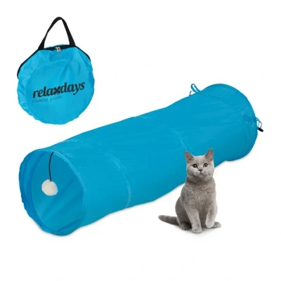 Abbildung von Relaxdays Katzentunnel faltbar, Katzenröhre mit Spielzeug, interaktiver Katzen Spieltunnel, BxD: ca. 88 x 25 cm, Blau